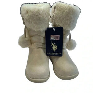 US Polo Assn Winter Boots Girls Winter White Faux Fur Pom Poms BRAND NEW Sz 6